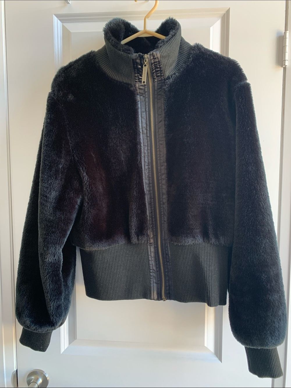Atmosphere Black Faux Fur Bomber Jacket with Ribbed Trim